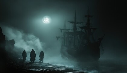 Ghostly Voyage: Silhouetted Figures Approach a Mysterious Shipwreck in the Mist