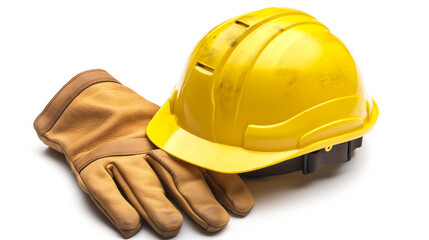 Yellow construction helmet and leather gloves isolated on a white background