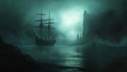 Ghostly Vessel Emerges from the Mist: A Haunting Seascape