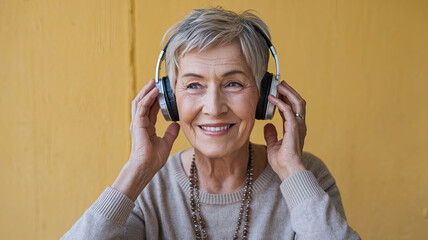 Studio portrait of elderly woman listening to music on headphones, isolated on yellow background, senior enjoying music, modern audio technology, relaxation and sound, vibrant senior lifestyle