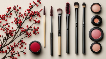 Traditional Japanese makeup tools alongside modern cosmetics, cultural fusion concept, makeup heritage, cosmetic contrast