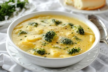 Broccoli cheese soup on white plate with cloth