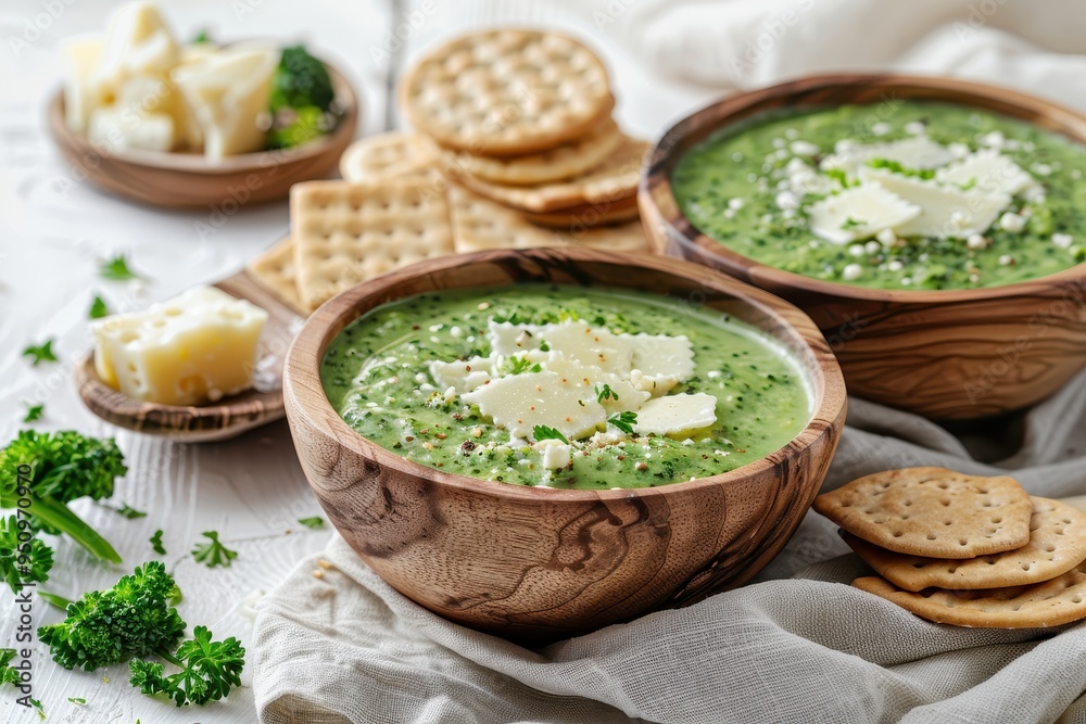 Sticker broccoli cream soup with cheese and crackers in a wooden bowl on a white background