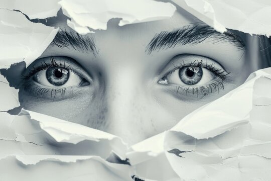 A close-up view of a person's eyes hidden behind a piece of paper, with subtle details and texture