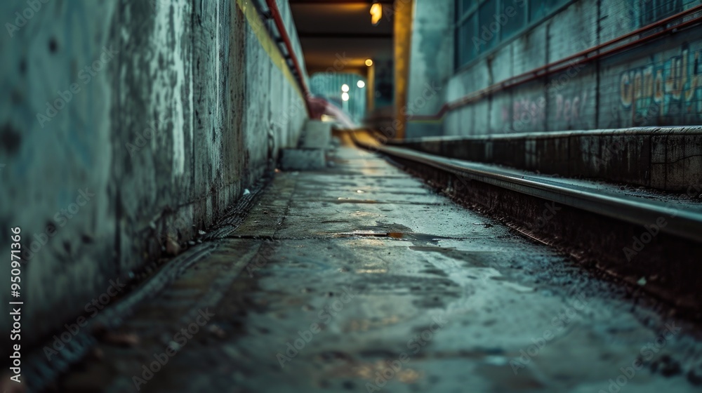 Poster A train track adjacent to a building, suitable for use in infrastructure or construction contexts