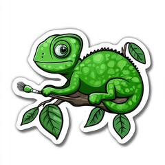 Fototapeta premium Cartoon Green Chameleon on Branch with Paintbrush Sticker