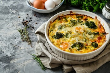 Broccoli egg and cheese casserole in baking dish on concrete with space for text