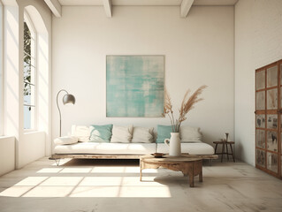 Fototapeta premium Wabi sabi japanese style rustic living room interior in with wood, pottery and texture elements in light blue and sea tones