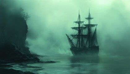 Misty Voyage of the Ghostly Tall Ship on the Emerald Sea