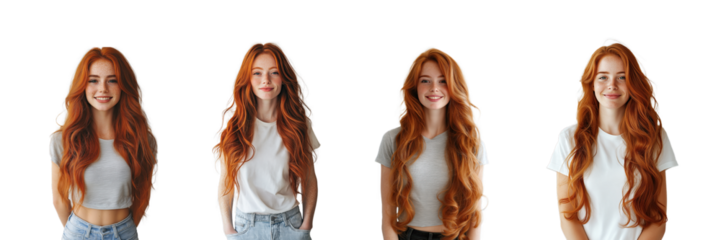 Set of redhead girls with long wavy hair and freckles, isolated on transparency background	
