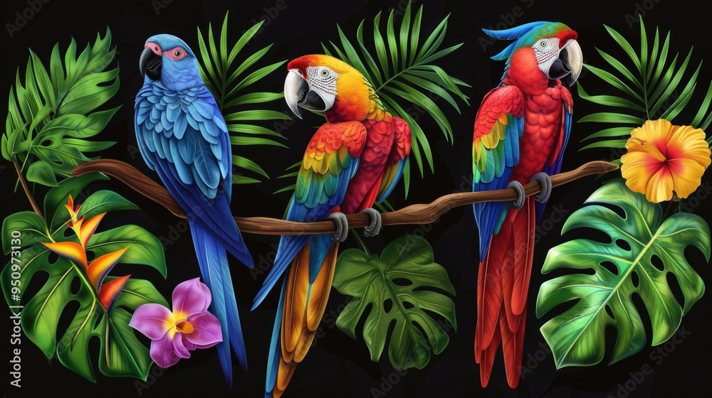 Canvas Prints Three vibrant parrots perched on a lush branch surrounded by tropical leaves