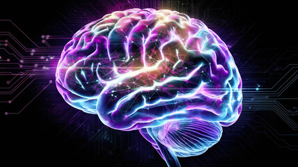 Vibrant intricate human brain interconnected with complex neural network against dark background, highlighting advanced cognitive processes, neural pathways, and cutting-edge neurological concepts