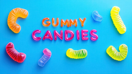 Assorted Gummy Candies Arranged on a Blue Background