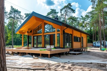 Obraz premium Building a contemporary vacation cabin for camping