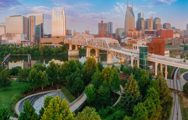 John Seigenthaler Pedestrian Bridge crossing the Cumberland River and downtown Nashville, Tennessee, United States of America.