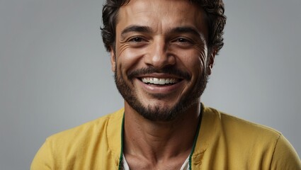 Obraz premium Close-up of a smiling man with curly hair and well-groomed beard