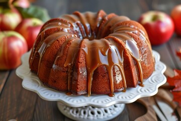 Bundt cake with caramel glaze and frosting made with apples