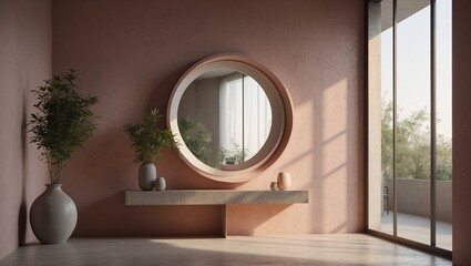 Modern interior with a round mirror and decorative elements