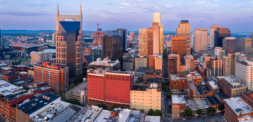 Downtown city skyline of Nashville at sunrise, Tennessee, United States of America.