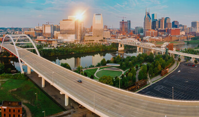 Korean Veterans Memorial Bridge crossing the Cumberland River and downtown.Nashville, Tennessee,...