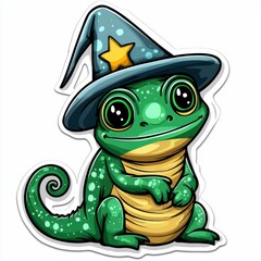 Fototapeta premium Cute Green Frog Wearing a Blue and Yellow Wizard Hat