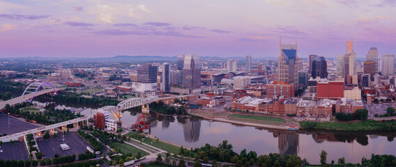 Cumberland River and the city skyline at sunrise. Nashville, Tennessee, United States of America.