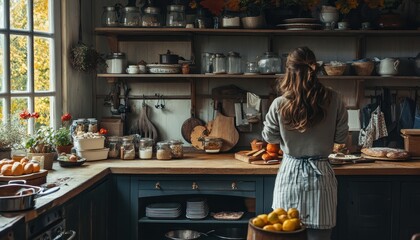 Cozy Countryside Kitchen with Woman Cooking