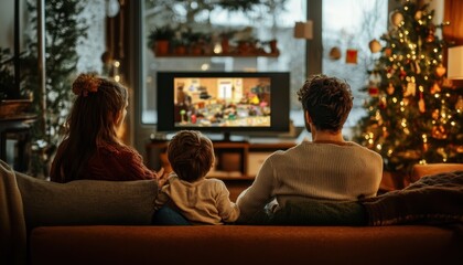 Family Enjoying Christmas Movie Night at Home