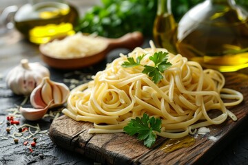 Table with pasta garlic parsley and olive oil