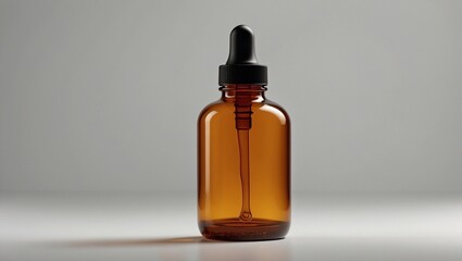 Amber glass dropper bottle with black cap on a gray background