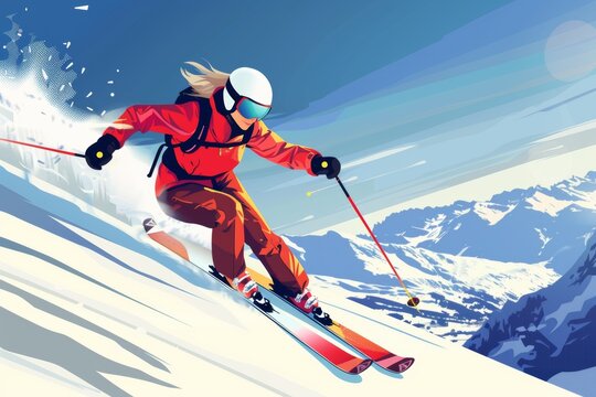 Female skier racing down snowy slopes at an amateur winter sports event in the mountains during a bright sunny day