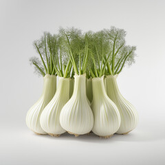 fresh fennel bulb stacked, front view white background