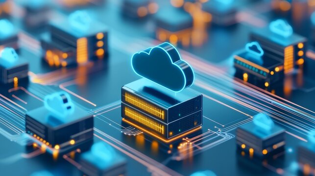 A conceptual image of cloud based NAS solution with interconnected servers and cloud icons, representing modern data storage technology. 
