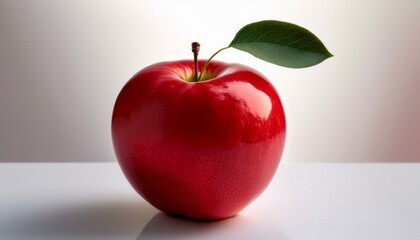 A glossy red apple with a small leaf attached to the stem, perfectly rounded and shiny, on a