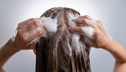 Naklejka premium A hairdresser's hands parting sections of hair while applying shampoo, with a background tha