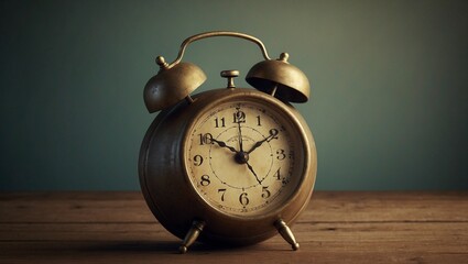 Vintage brass clock with bells on wooden table, old-timey decor