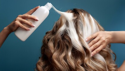 Naklejka premium Hairdresser's hands applying conditioner to curly hair, with a focus on the texture of the h