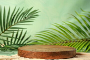 Obraz premium Wooden podium with palm leaves and pastel background for product presentation