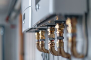 Gas water heater installation featuring piping and fittings in a residential area