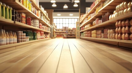 Obraz premium A low-angle view of a grocery store aisle lined with neatly organized shelves filled with various products.