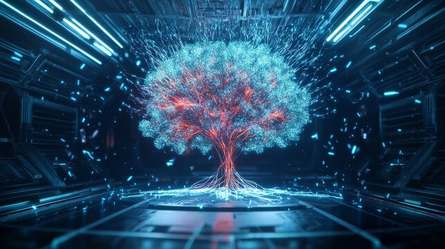 A holographic projection of binary tree graph, glowing with vibrant colors, creates mesmerizing visual in futuristic environment. 