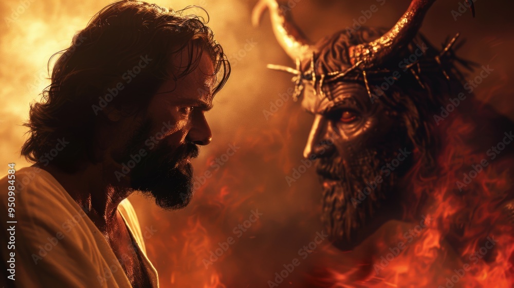 Poster a man stands beside a demon in front of a fiery backdrop, conveying a sense of unease