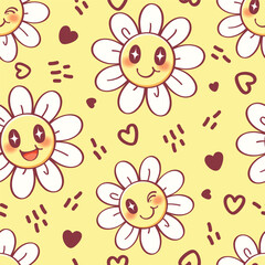 Seamless pattern cartoon of smile face flower and cute heart. Groovy doodle style, Yellow color tone, Pattern design for fabric and wrapping paper, wallpaper and fashion prints.