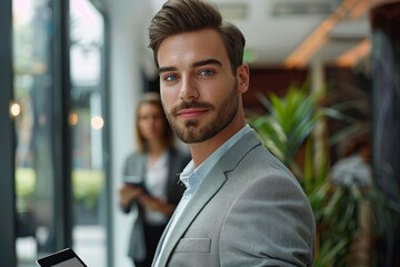 Young businessman confidently using tablet while colleague in background