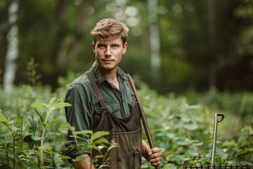 Young farmer with rake on his land Handsome man in work shirt and vest among trees
