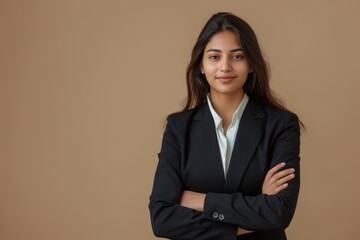 Young Indian businesswoman in formal suit standing with crossed arms on beige background conveying corporate concept
