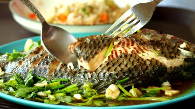 Man is eating steamed fish with rice, in door  Chiangmai Thailand.