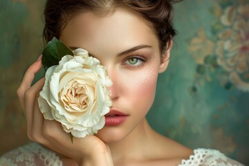 Young woman with white rose covering her eye in a stunning portrait