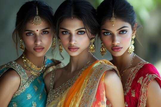Three beautiful Indian models showcase vibrant traditional sarees with intricate jewelry, exuding elegance during a cultural celebration