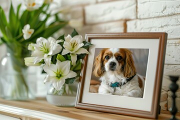 Dog picture with flowers and collar on table by brick wall for pet funeral